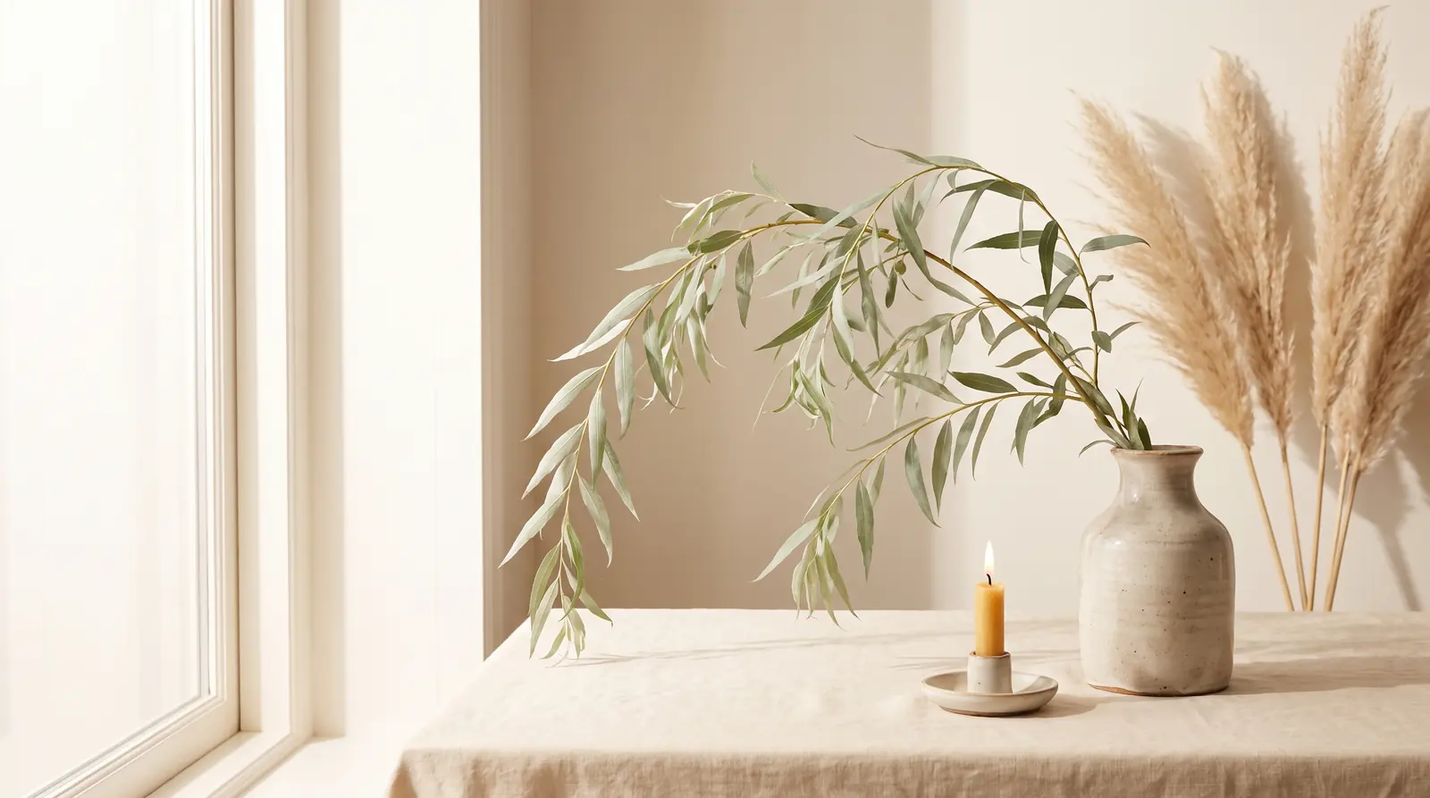 A trailing willow branch and lit candle arranged on a linen surface
