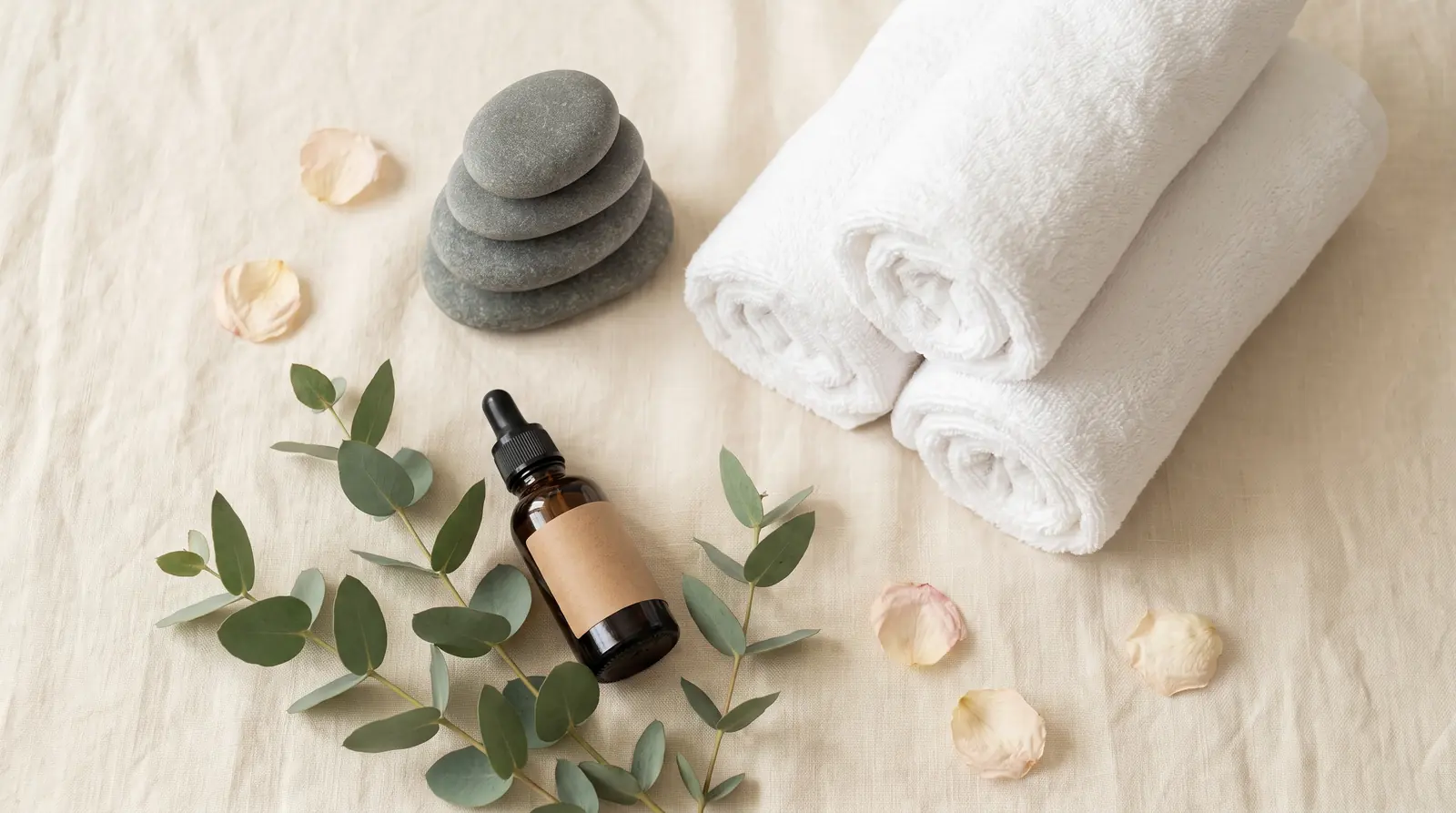 Styled spa flat lay of towels, oils and eucalyptus on linen
