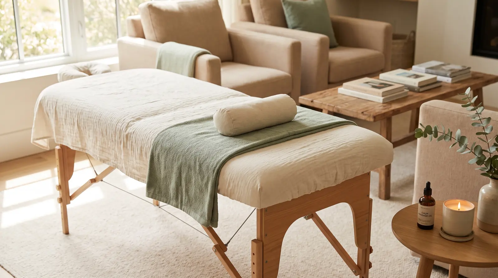 A calm treatment room set up with linen, towels and soft lighting