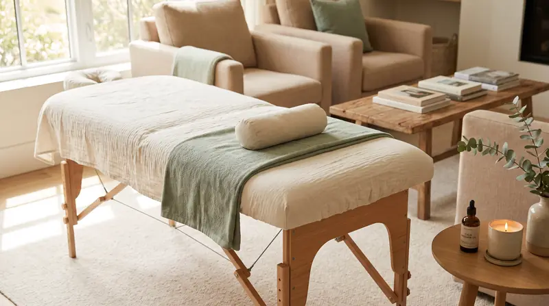 A portable massage table set up in a home living room for a mobile treatment